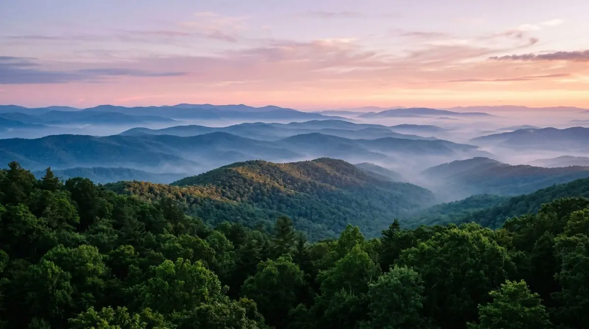Editorial rendering of dawn over the Blue Ridge Mountains of North Georgia &mdash; layered rounded blue ridges receding into morning mist with hardwood and pine canopy in the foreground and a pale pink-lavender dawn sky (AI-rendered atmospheric image)