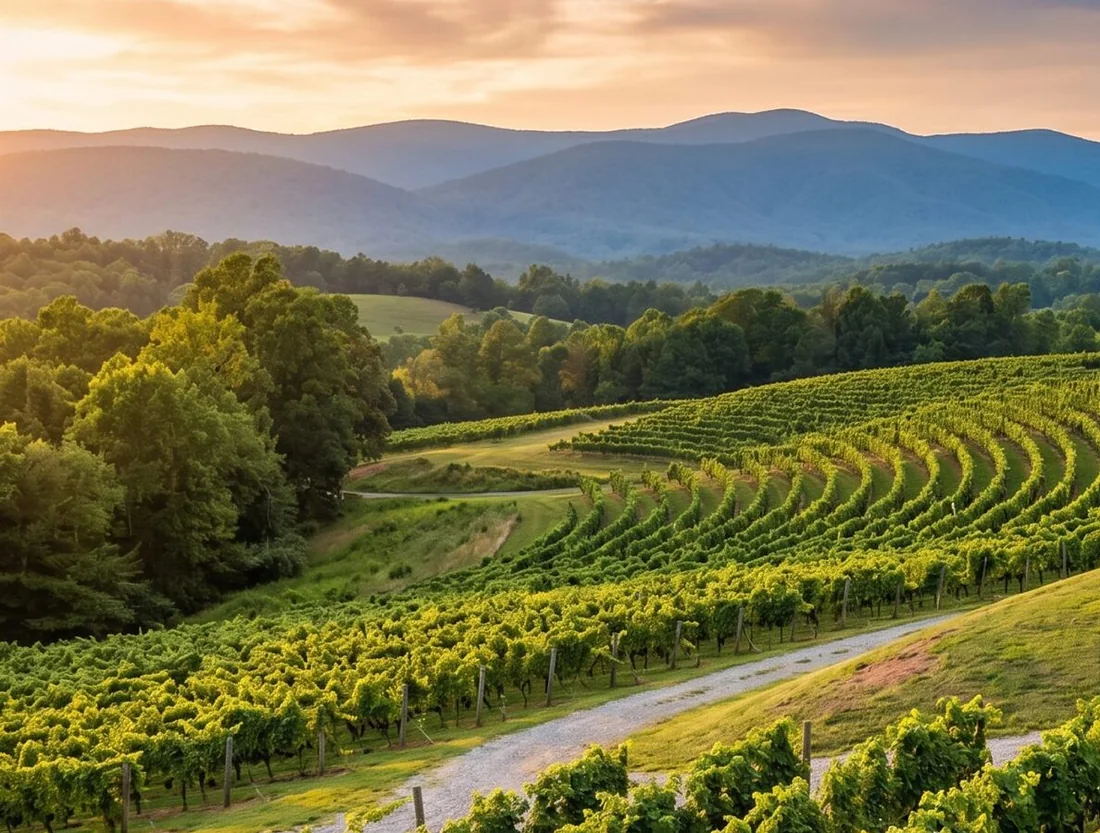 Editorial rendering of a vineyard in the North Georgia foothills at golden hour: curving rows of grape vines on rolling hills, stands of hardwoods, and the rounded Blue Ridge Mountains across the distance (AI-rendered atmospheric image)
