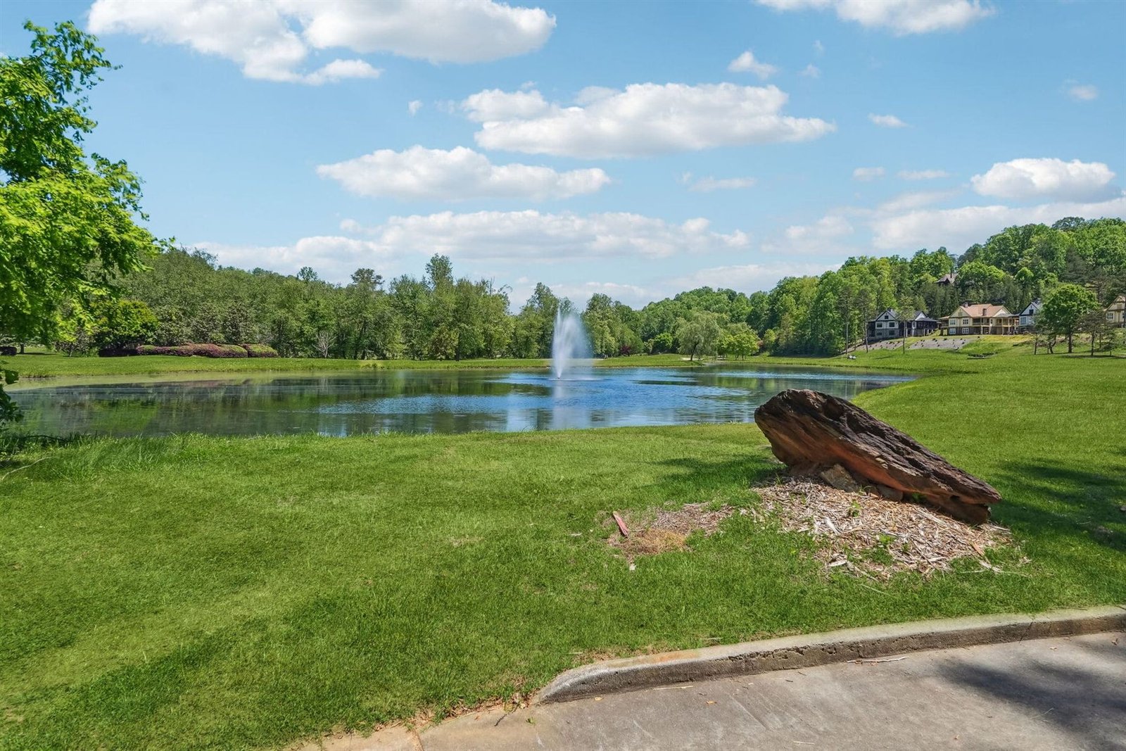 Community entrance pond at Achasta with a tall white spray fountain, framed by hardwoods, with a paved community road in the foreground