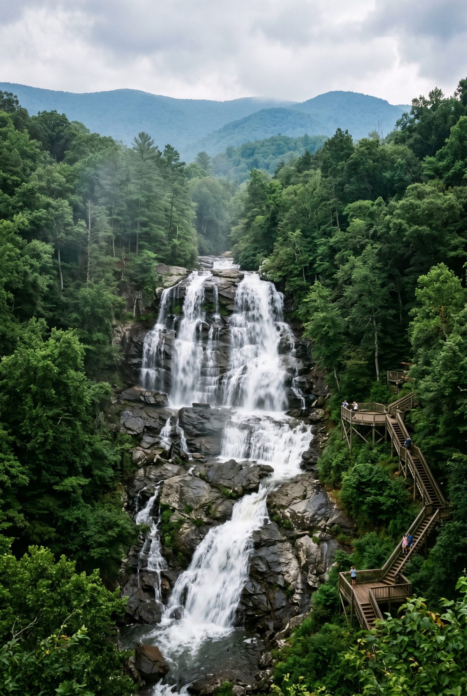 Editorial rendering of Amicalola Falls in North Georgia &mdash; a multi-tiered cascading waterfall over dark granite cliffs surrounded by dense deciduous and pine forest with a wooden observation stairway at the side and rounded blue mountains in the misty distance (AI-rendered atmospheric image)