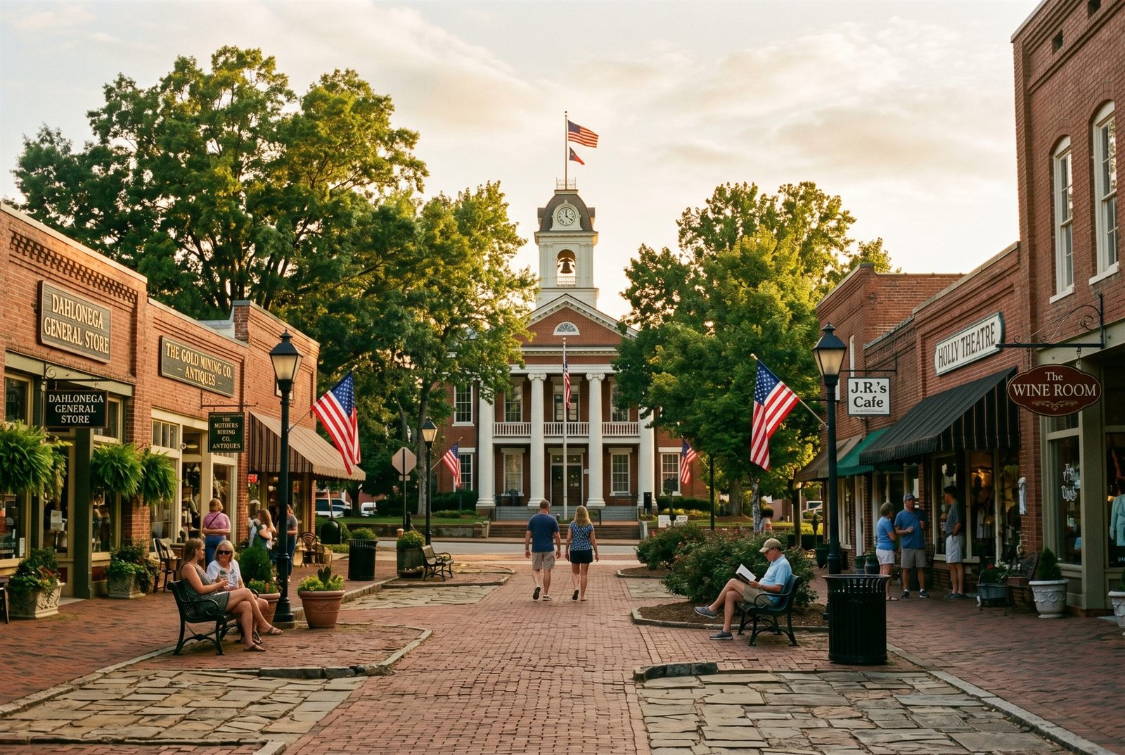 Editorial rendering of downtown Dahlonega Georgia at golden hour with a red brick courthouse, white columns and clock tower, surrounded by brick storefronts and shade trees on a brick-paved sidewalk (AI-rendered atmospheric image)