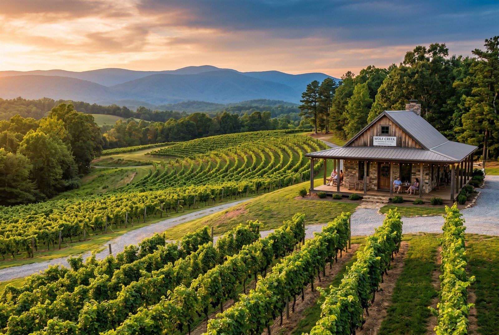 Editorial rendering of a Dahlonega North Georgia vineyard at golden hour with rows of grape vines on rolling Appalachian foothills, a small stone and metal-roof tasting room on a rise, and the rounded Blue Ridge Mountains across the distance (AI-rendered atmospheric image)